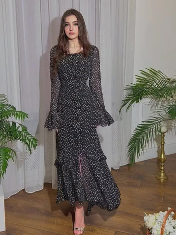 Woochic robe à manches longues imprimé à pois col en rond noir S